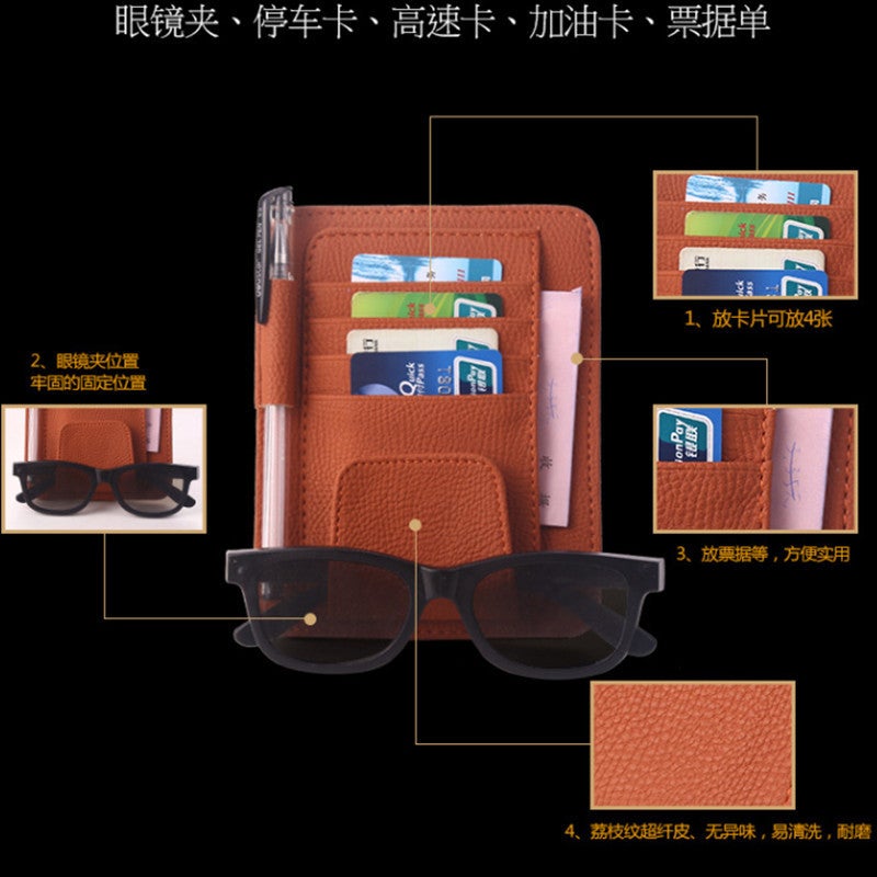 Car Sun Visor Bill Holder Car Multifunctional Microfiber Leather Card Holder Leather Pattern Glasses Holder Storage Clip Card Slot - Image 4